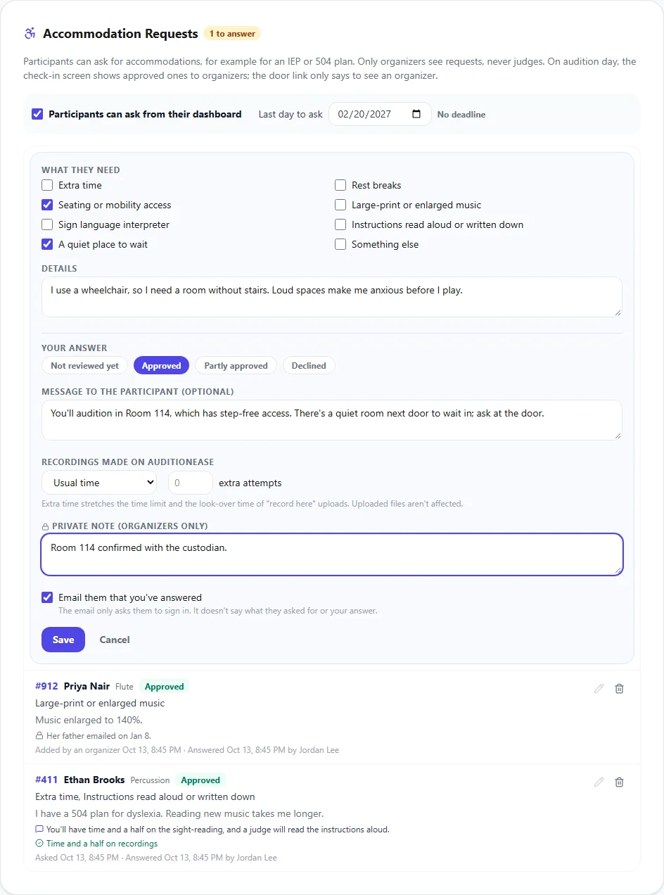 Answering a request: Approved is chosen, with a message about Room 114 and a private note