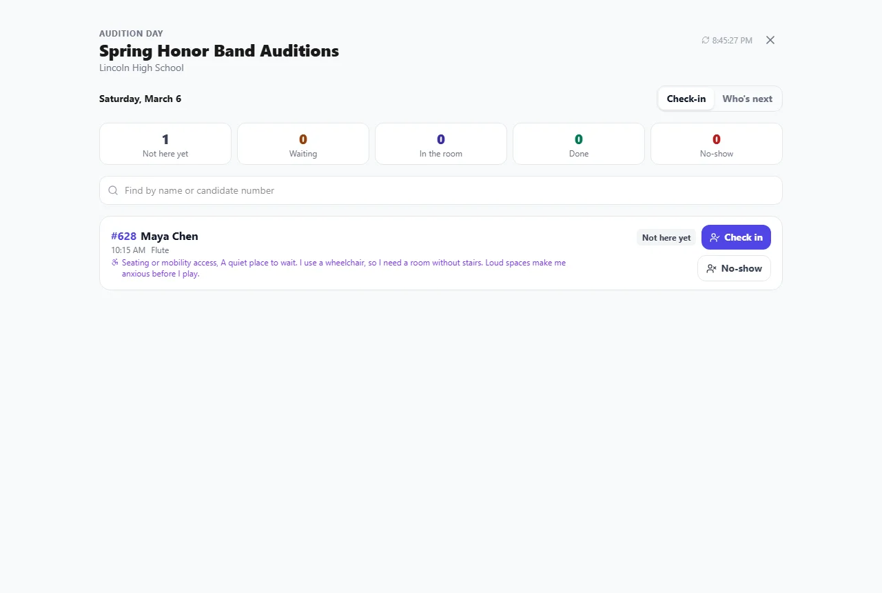 The audition day check-in screen showing Maya Chen with her accommodation listed under her name