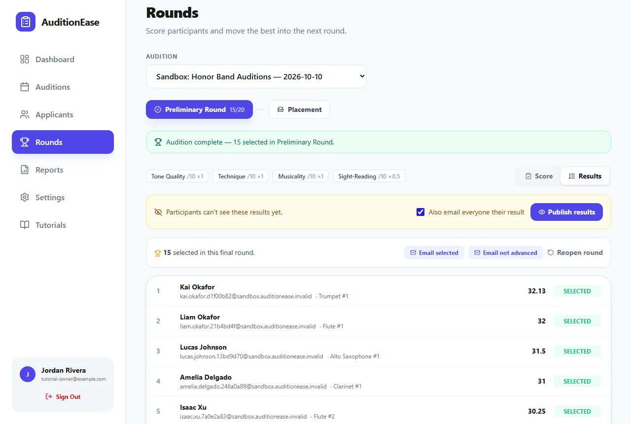 A closed round's results with the Publish results button