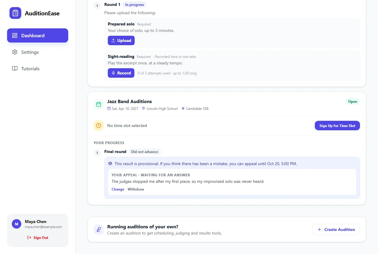 A participant's dashboard with a provisional result and their appeal waiting for an answer