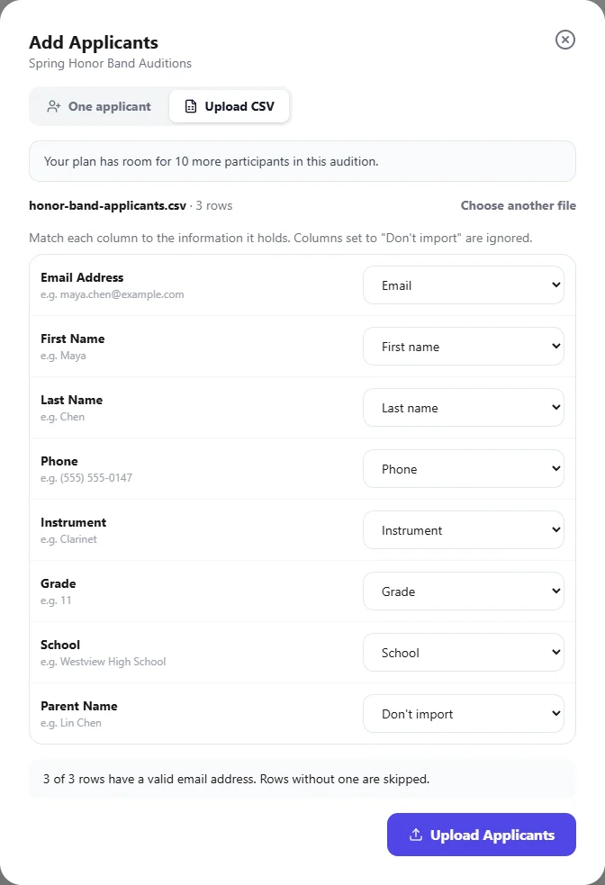 Columns from an uploaded file matched to Email, First name, Last name, Phone and sign-up fields