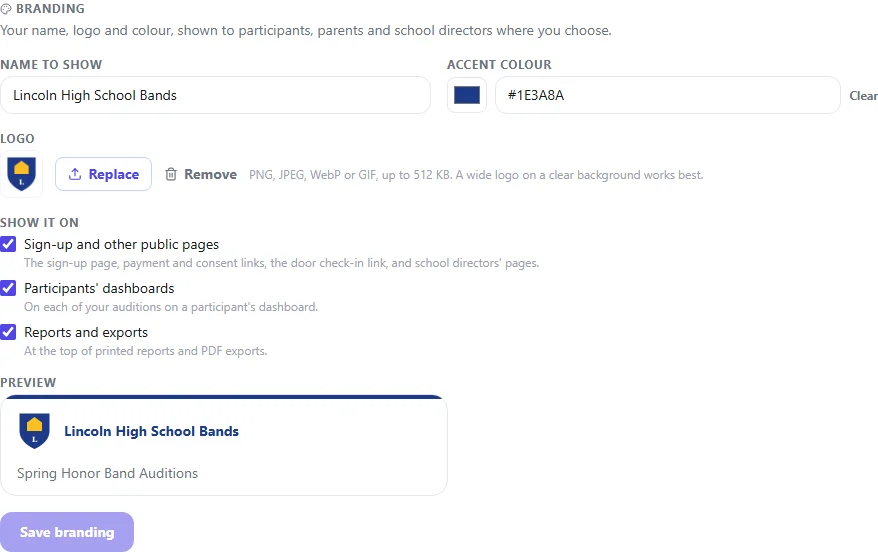 The Branding settings with a name, accent colour, logo, where to show it and a preview