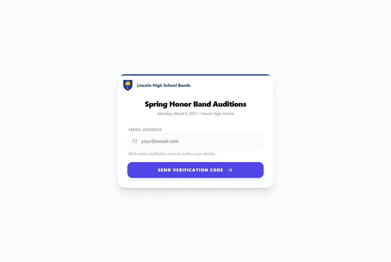 A sign-up page with the organizer's logo, name and accent colour at the top