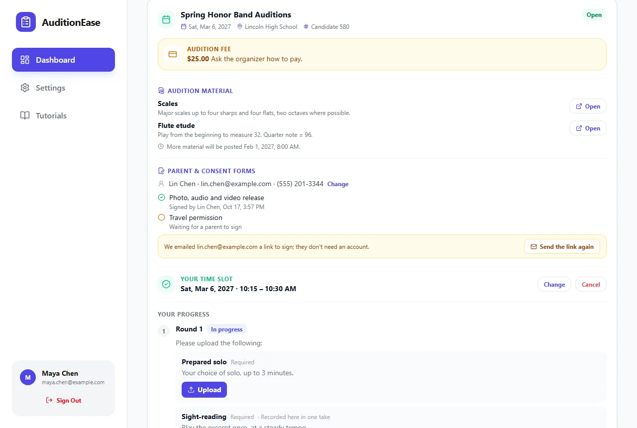 A participant's dashboard showing their parent, one signed form and one waiting to be signed
