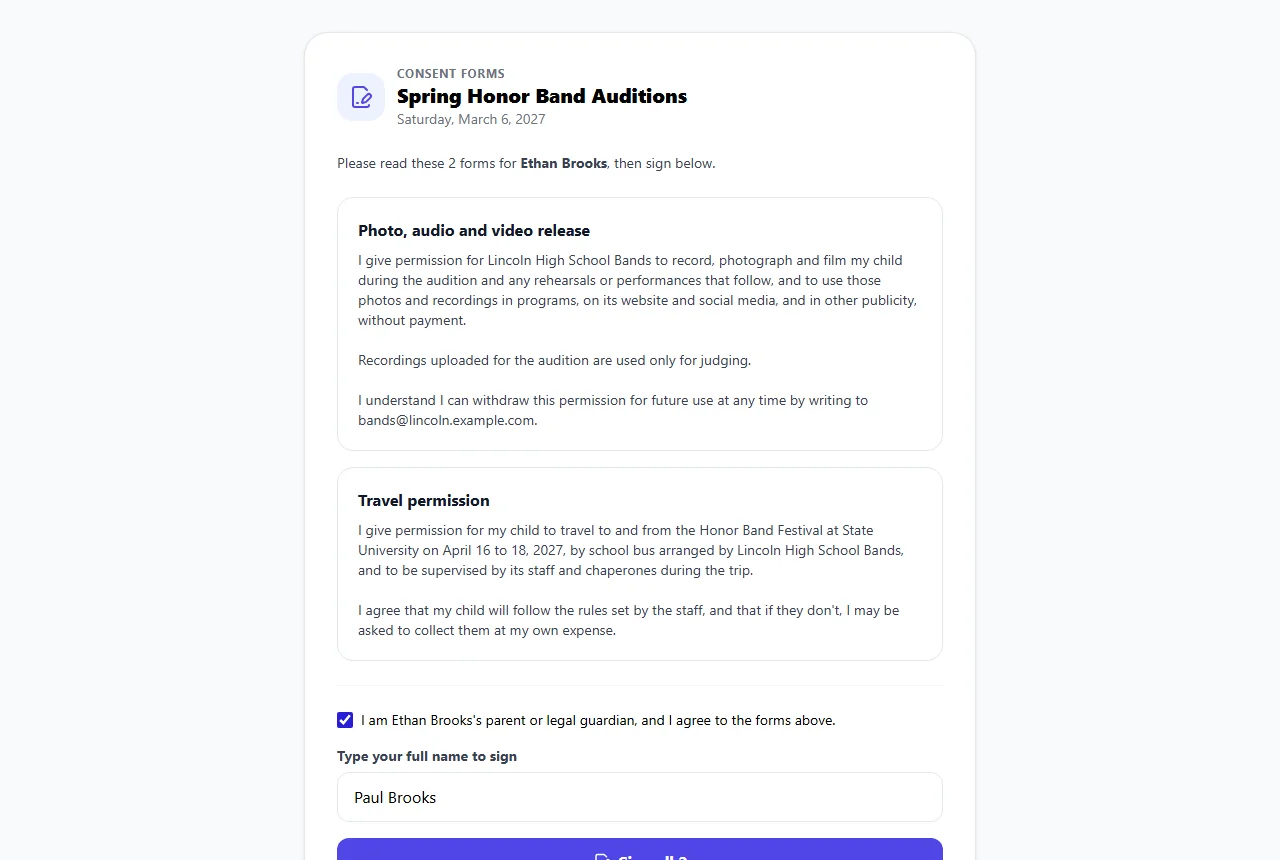 The page a parent opens from the email, with a photo release and a travel permission form, a box to tick and a place to type their name