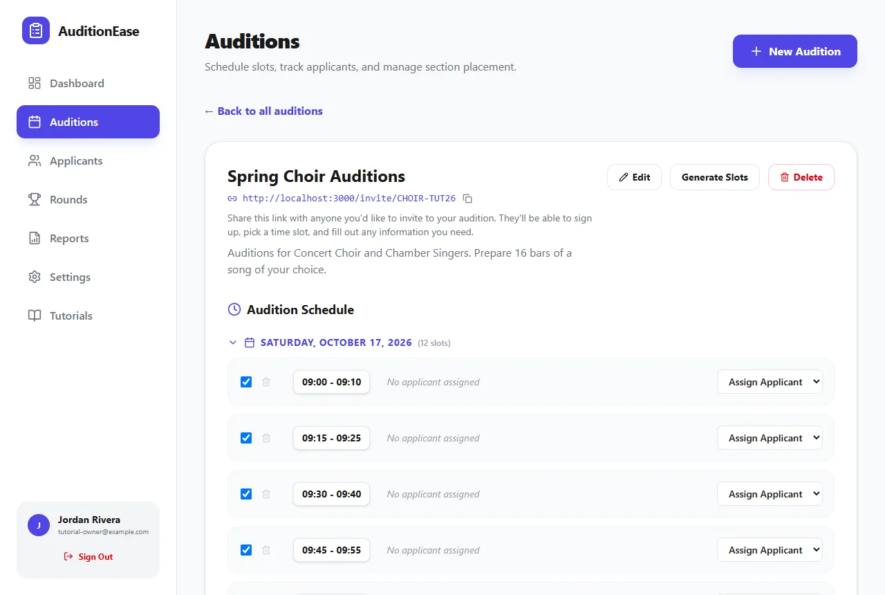 An audition's detail page with its invite link