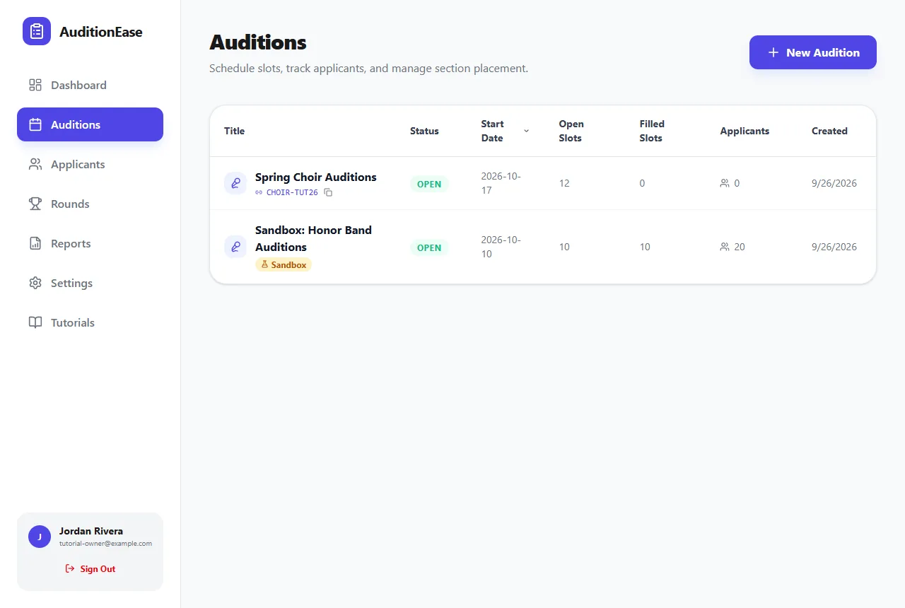 The Auditions list with the New Audition button