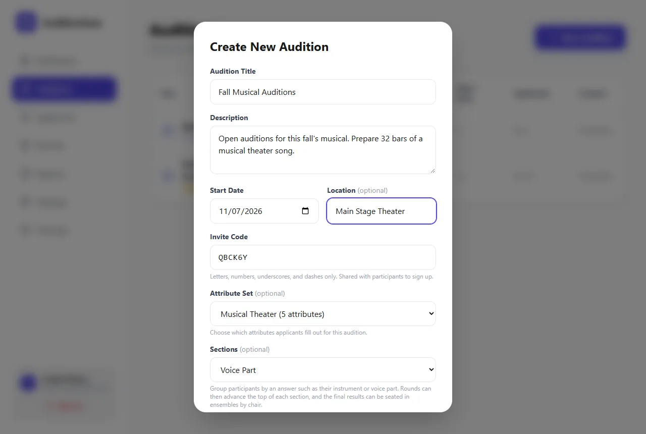Create New Audition form