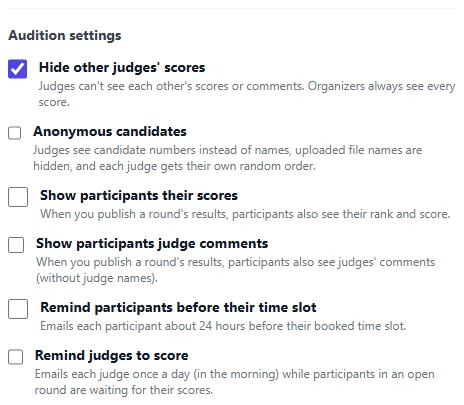 The Audition settings checkboxes