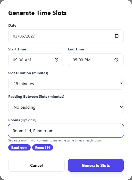 Generate Time Slots form with two rooms listed