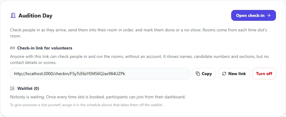 The Audition Day panel with the check-in link