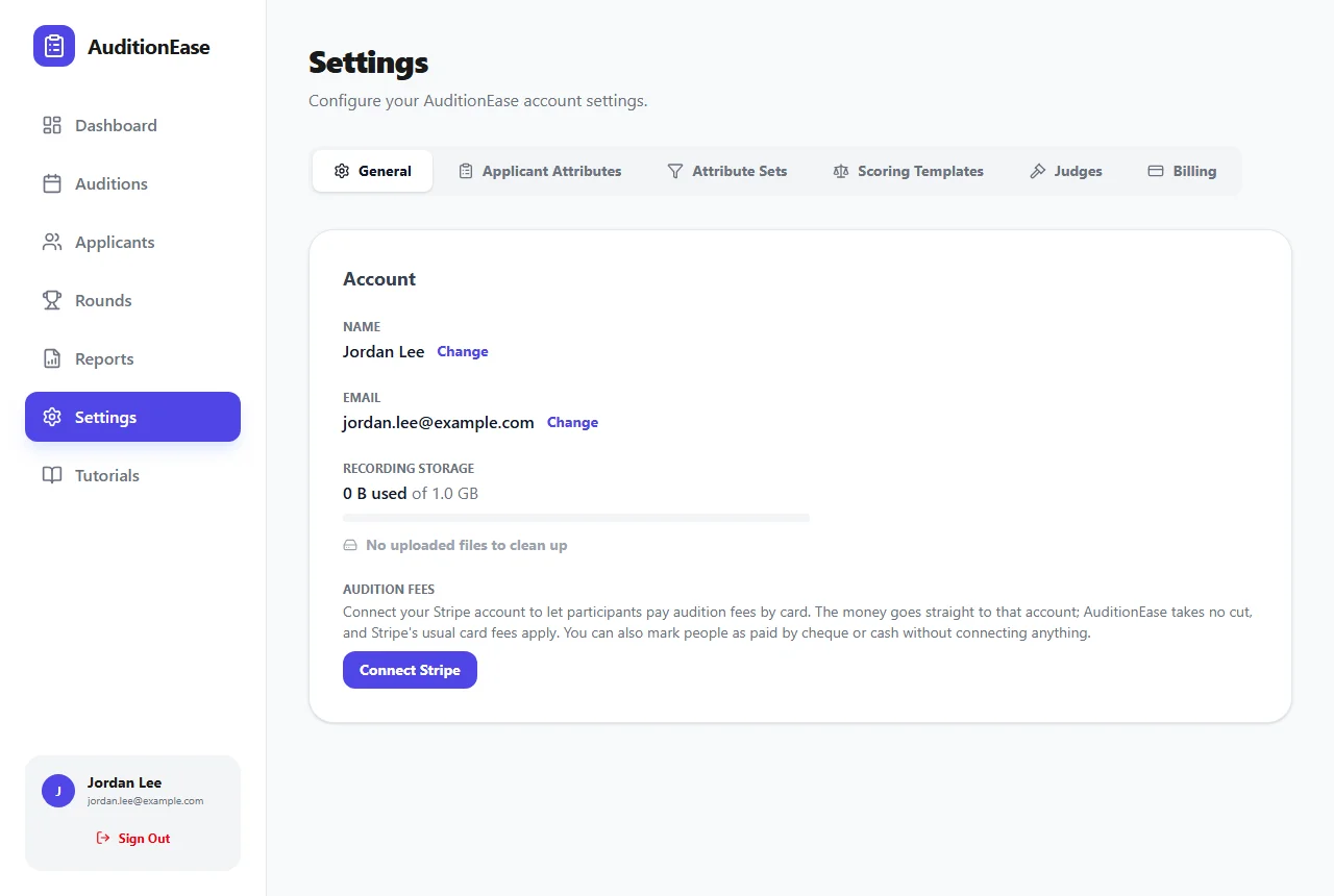 Settings, General, with the Audition fees section and a Connect Stripe button
