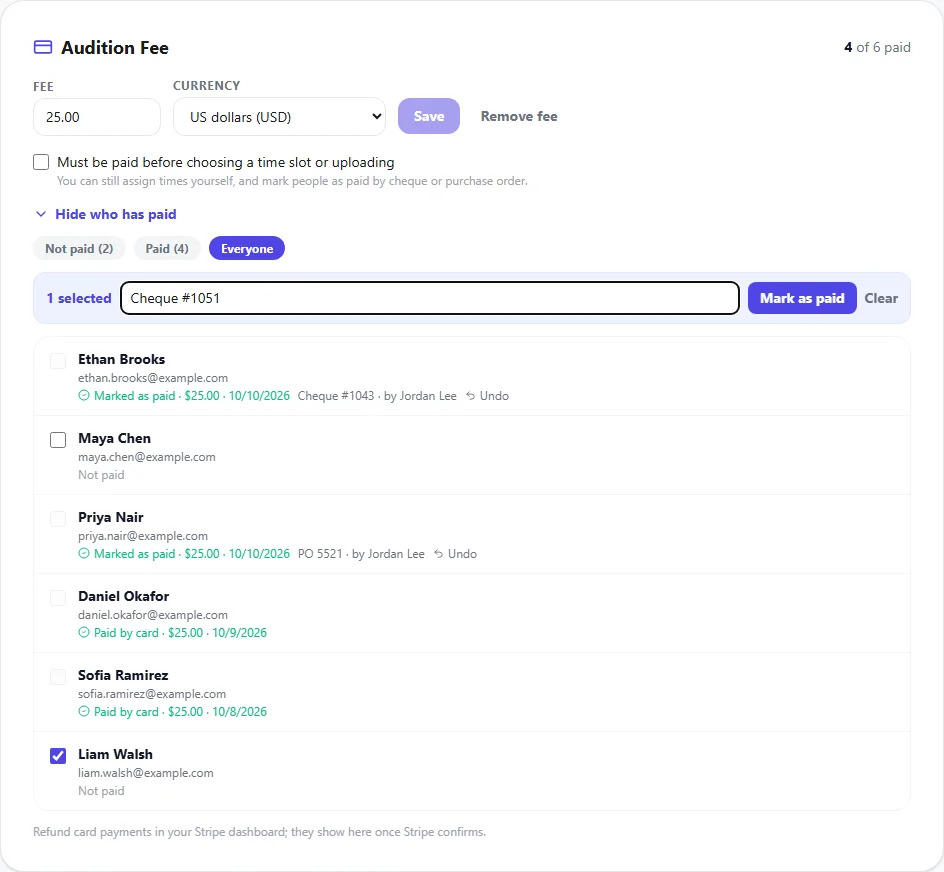 The Audition Fee panel listing who has paid by card or cheque, with one participant selected to mark as paid