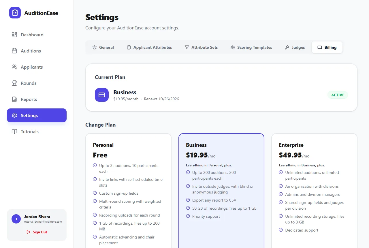 The Billing settings with plan options