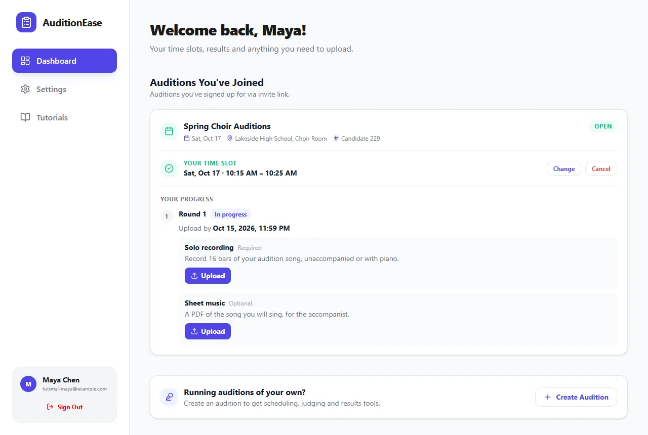 A participant's dashboard with a booked time slot, candidate number and uploads