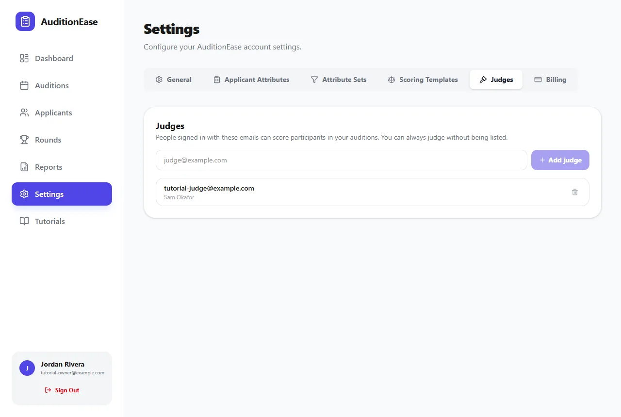 Settings, Judges, with an email field and a list of judges