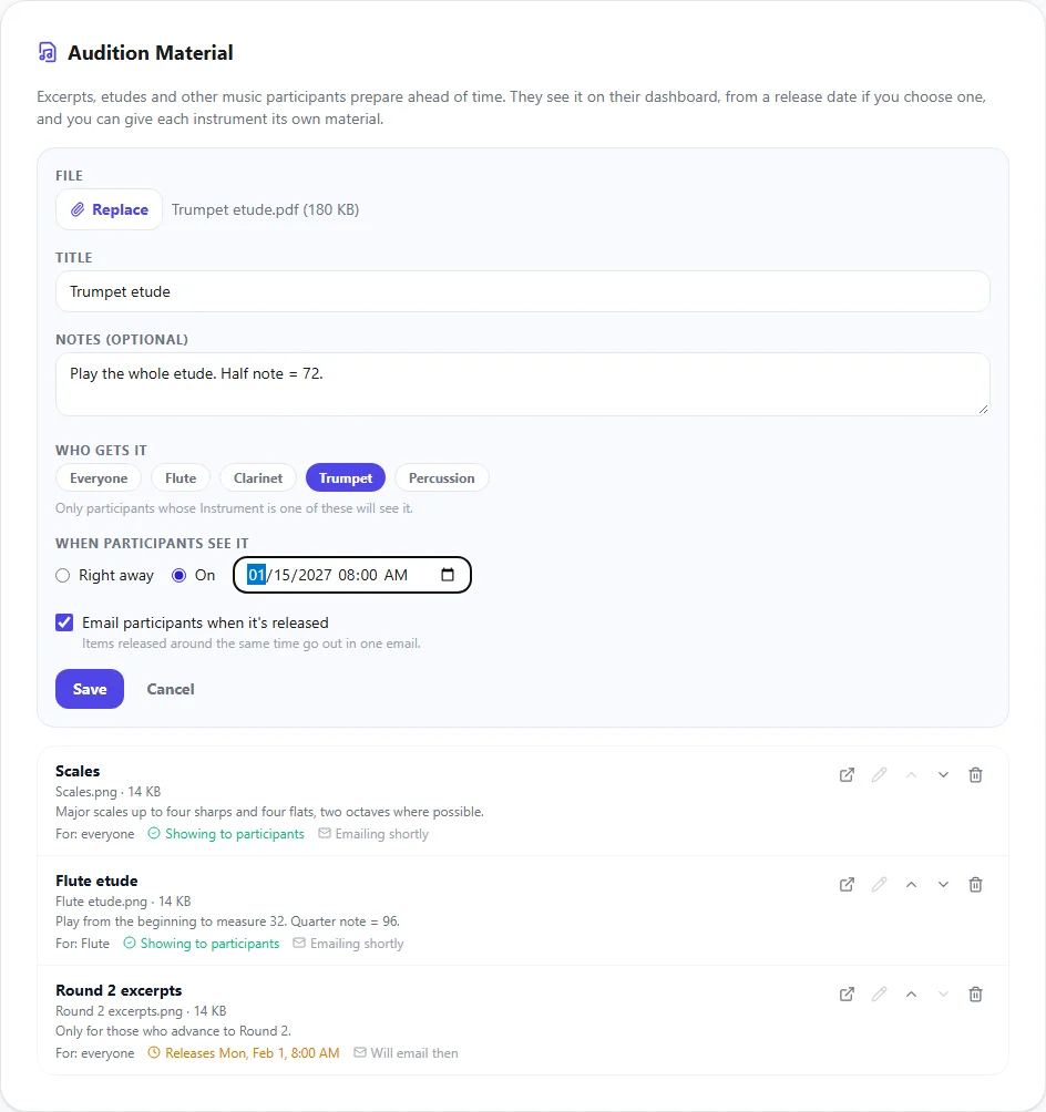 The Add material form with a trumpet etude file, notes, Trumpet chosen under Who gets it, and a release date of January 15