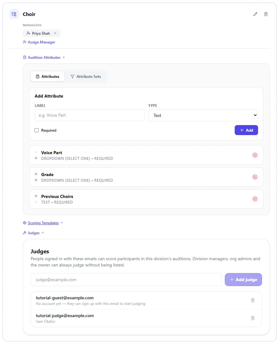A division expanded to show its attributes, templates and judges