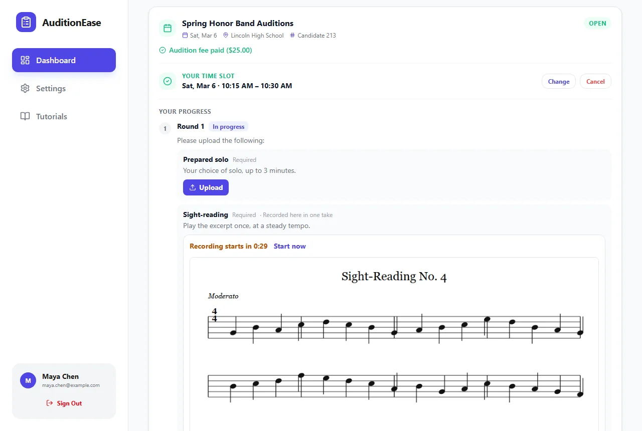 Sight-reading music shown with a countdown: Recording starts in 0:29