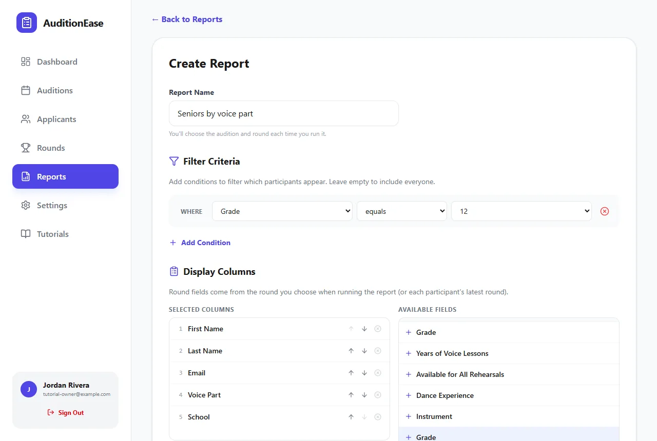 The custom report builder