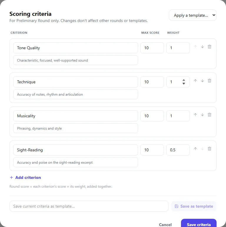 The Scoring criteria editor