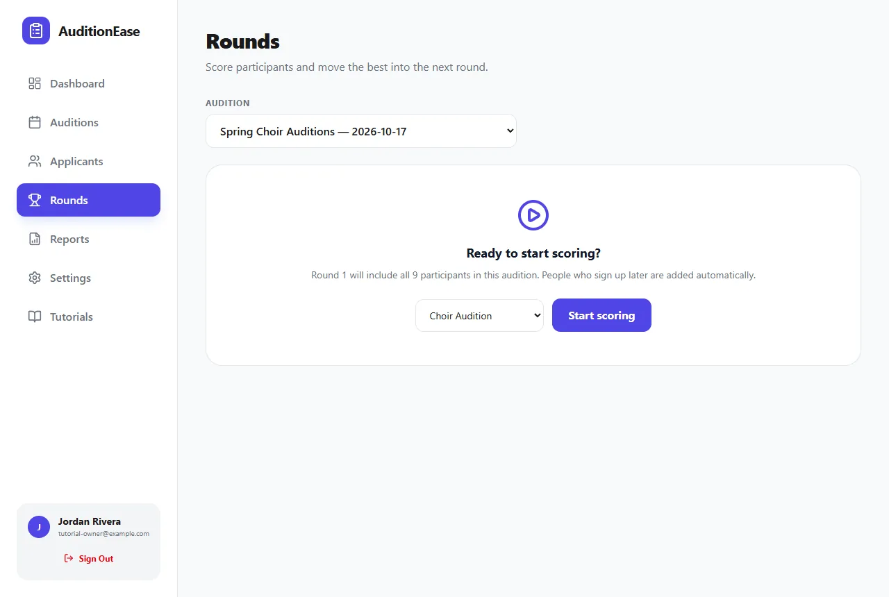 Ready to start scoring, with a template dropdown and Start scoring button