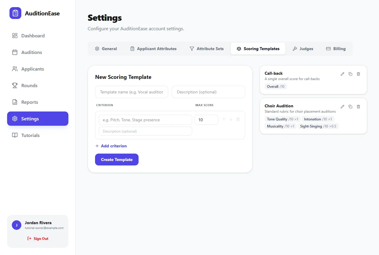 Settings, Scoring Templates