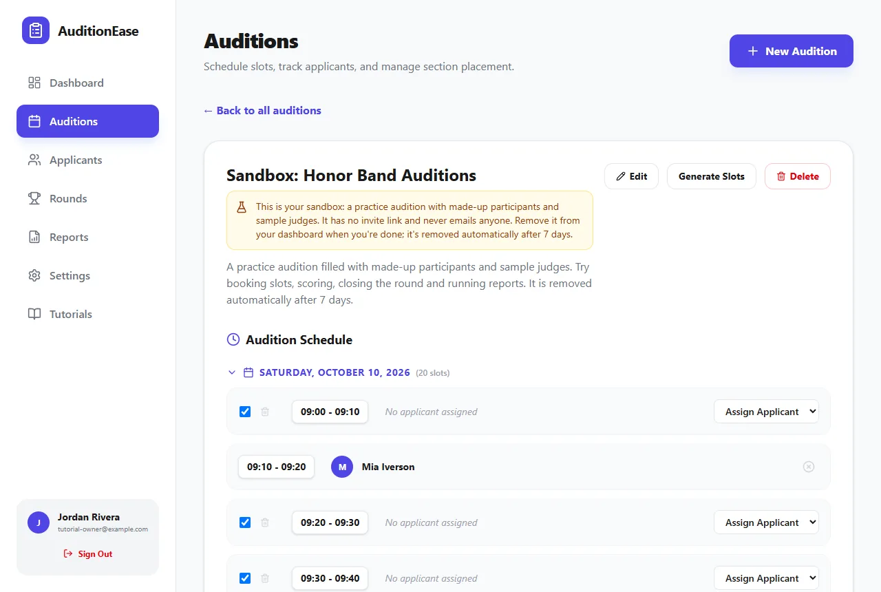 The sandbox audition's details and schedule