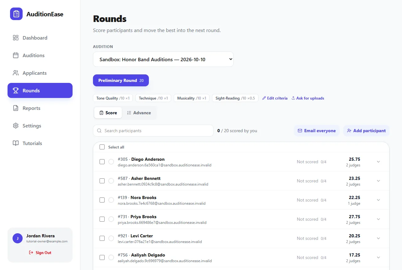 The sandbox's Preliminary Round in the Rounds page