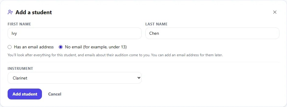 Adding a student named Ivy Chen with No email chosen and Clarinet as her instrument