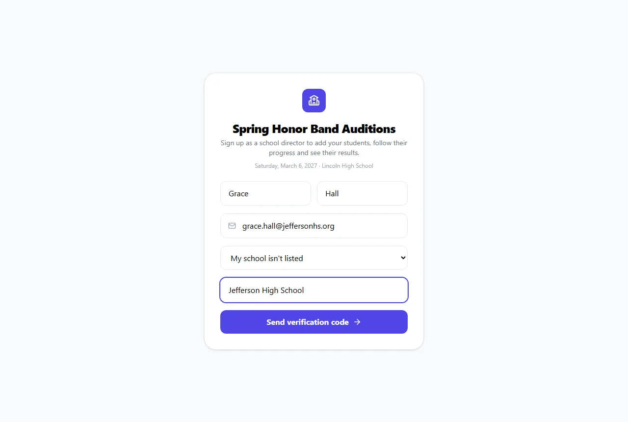 The director sign-up page, with a director entering their name, email address and a school that isn't listed yet