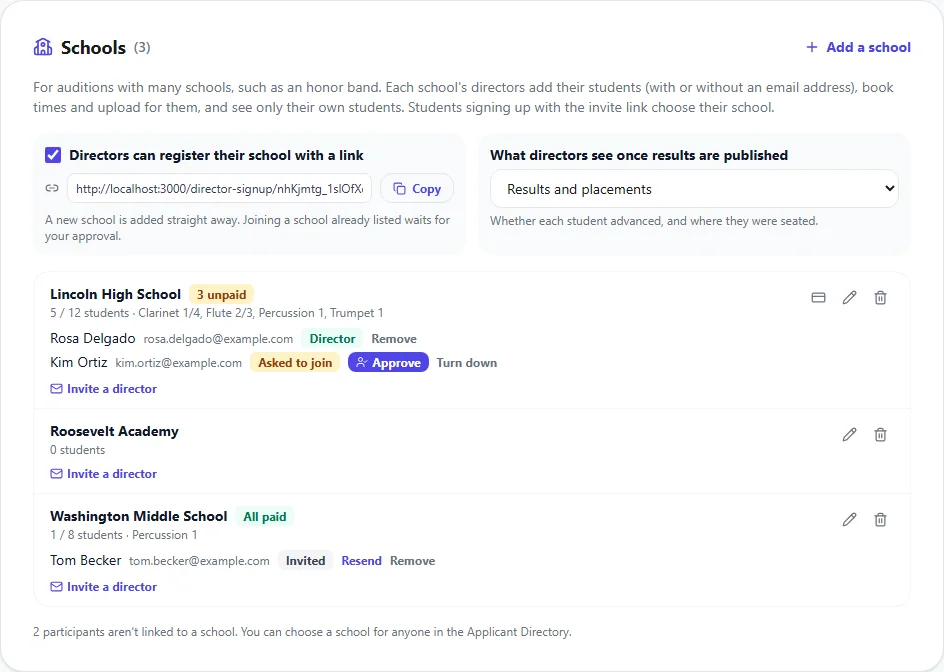 The Schools panel with the director sign-up link turned on and three schools: Lincoln High School with a director and a director asking to join, Roosevelt Academy, and Washington Middle School with an invited director