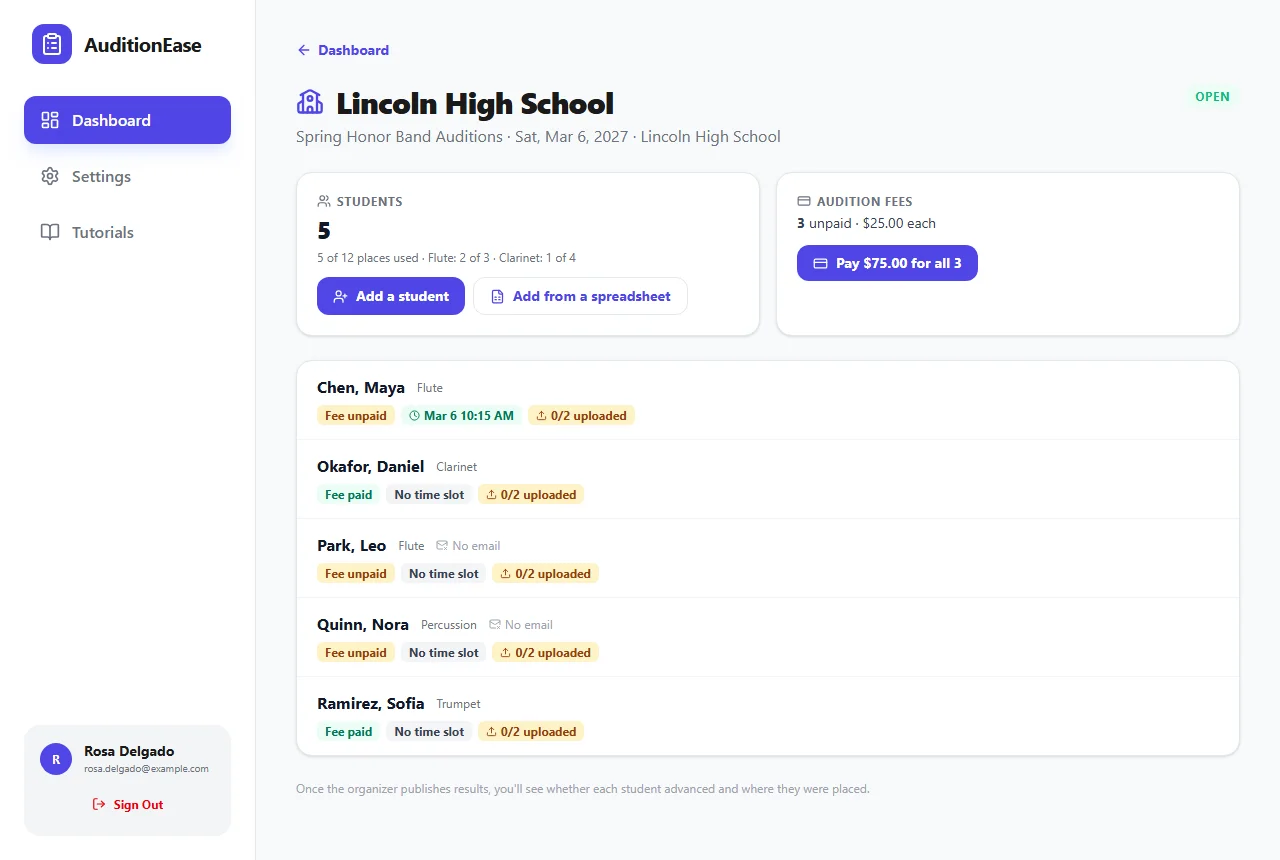 Lincoln High School's page: 5 students with their fee status, time slots and uploads, and a button to pay $75 for the 3 unpaid fees
