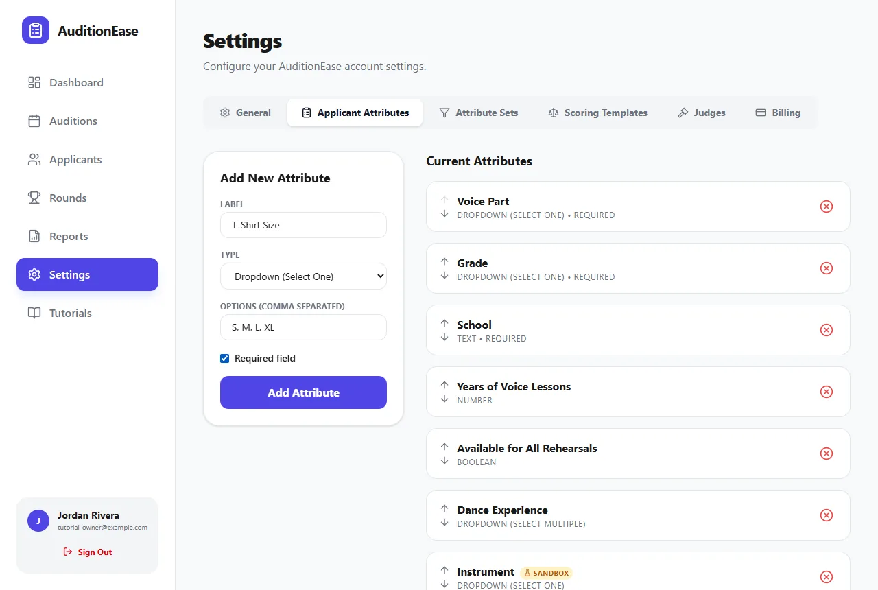 Applicant attributes settings