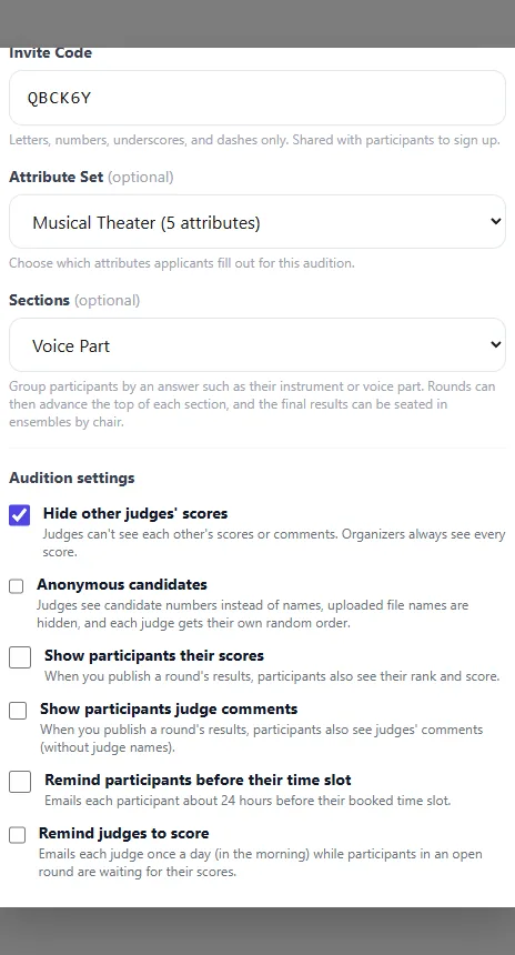 The Attribute Set and Sections options in the audition form