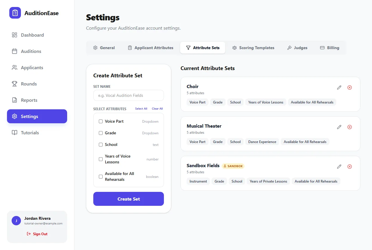 Settings, Attribute Sets
