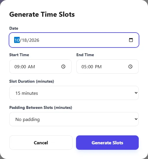 The Generate Time Slots form