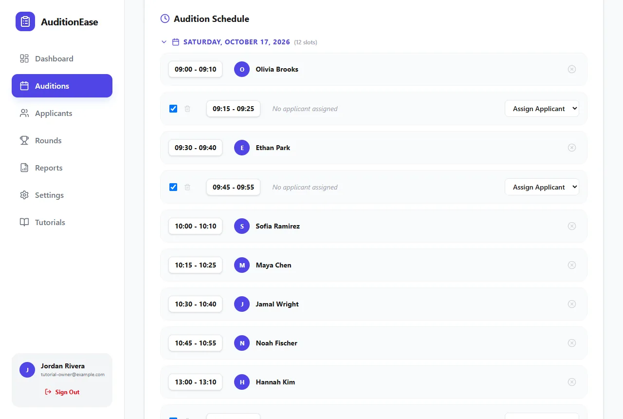 Audition schedule